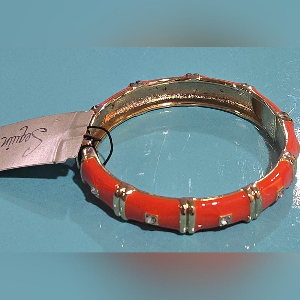 Nordstrom Sequin NYC‎ Orange Enamel Crystal Bamboo Bangle Hinge Bracelet NWT